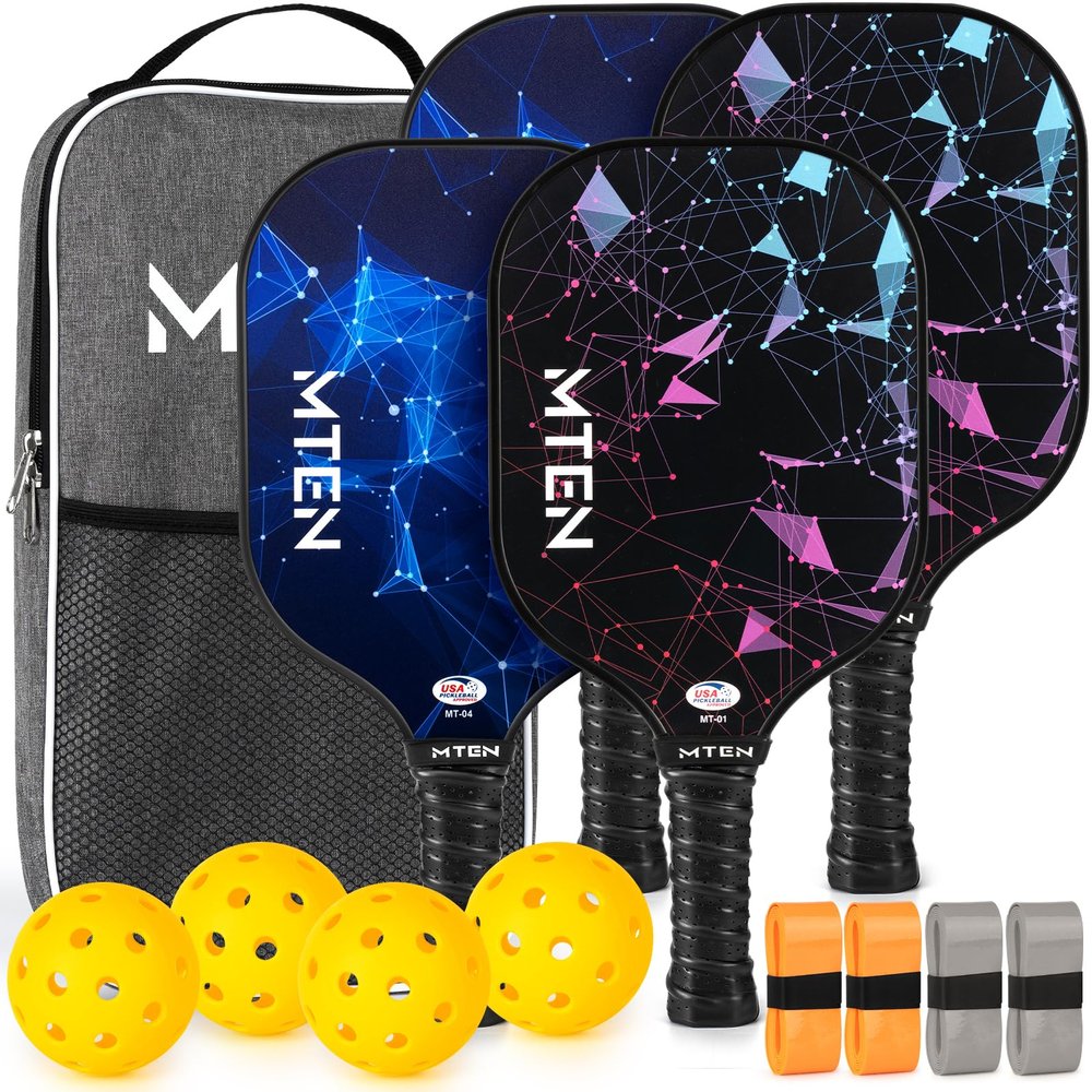 MTEN Pickleball Paddles, USAPA Approved Pickleball Paddles Set of 4, Fiberglass Surface Pickleball Set, 4Pickleball Rackets, 4 Pickleball Balls, 4 GripTapes & Carry Bag for Men Women