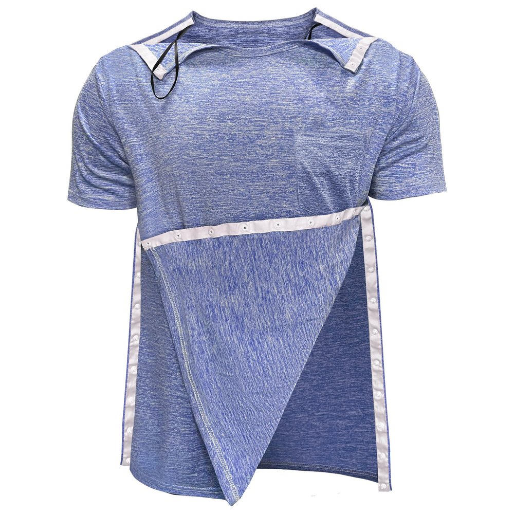 Unisex Post Shoulder Surgery Shirts for Men Rotator Cuff Chest Recovery Shirt Women Full Snap Access Dialysis Chemo Clothing Blue XL