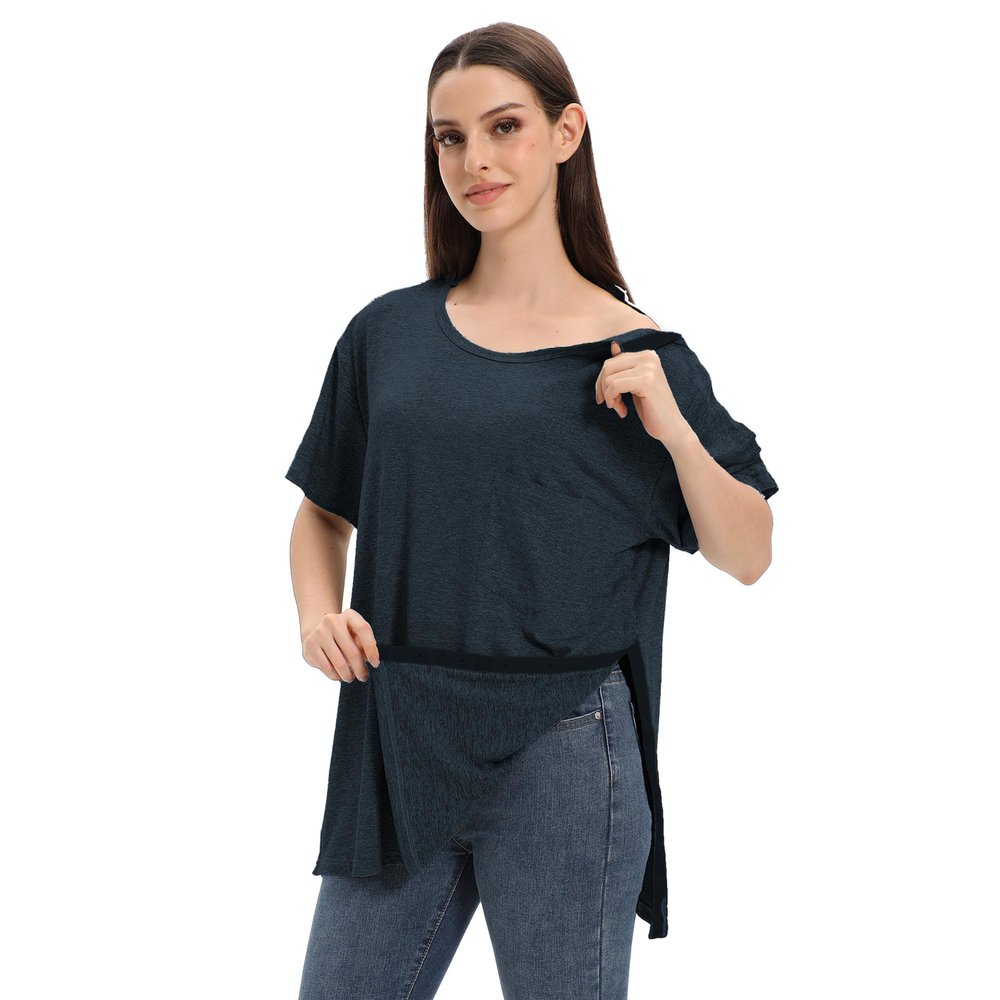 Unisex Post Shoulder Surgery Shirts for Men Rotator Cuff Chest Recovery Shirt Women Full Snap Access Dialysis Chemo Clothing Navy L