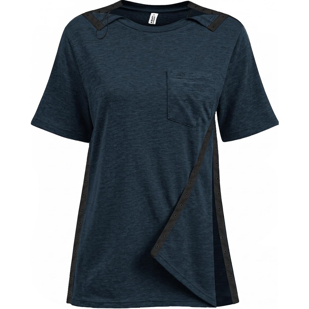 Unisex Post Shoulder Surgery Shirts for Men Rotator Cuff Chest Recovery Shirt Women Full Snap Access Dialysis Chemo Clothing Navy XS