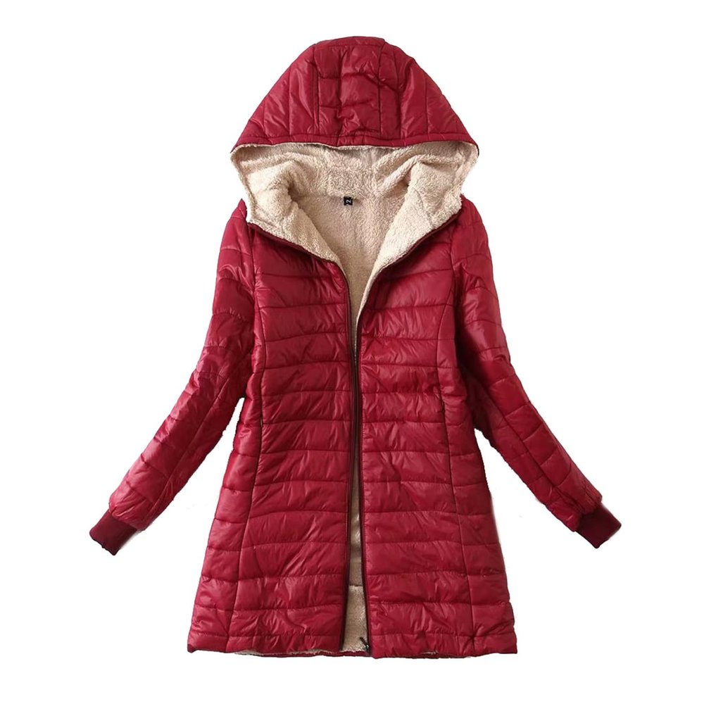Overstock Outlet Women Lightweight Down Coat Packable Puffer Jacket Fleece Warm Winter Coat Hooded Mid-Length Jacket Outwear With Pocket