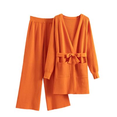 Fall Outfits 2023 Women Knit Sweater Business 2 Piece Outfits Cardigan With Belt Wide Leg Pants Tracksuits Lounge Sets Orange