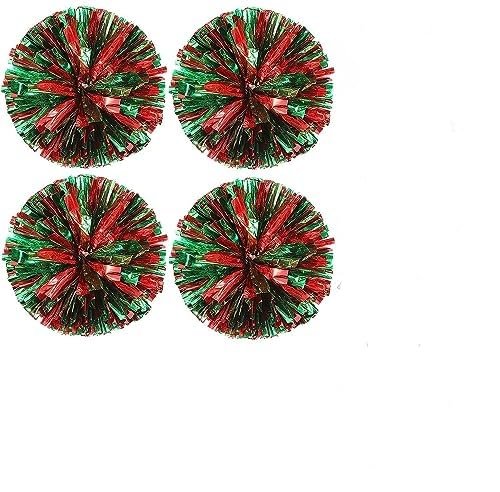 LIQS 4 Pack Pom Poms Cheerleading,Fluffy Cheerleader Pompoms with Finger Friendly Ring,Metallic Pom Poms Cheerleading for Children Adults Sports Competition Holiday Celebration (Red+Green)