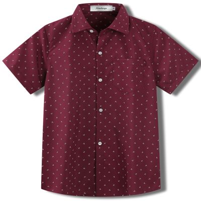 Aimehonpe Kids Boys Short Sleeve Print Dress Shirt Wrinkle-Free Button Down Comfort Flex Hawaiian Shirts Summer Outfits, BurgundyAnchor, XX-Large