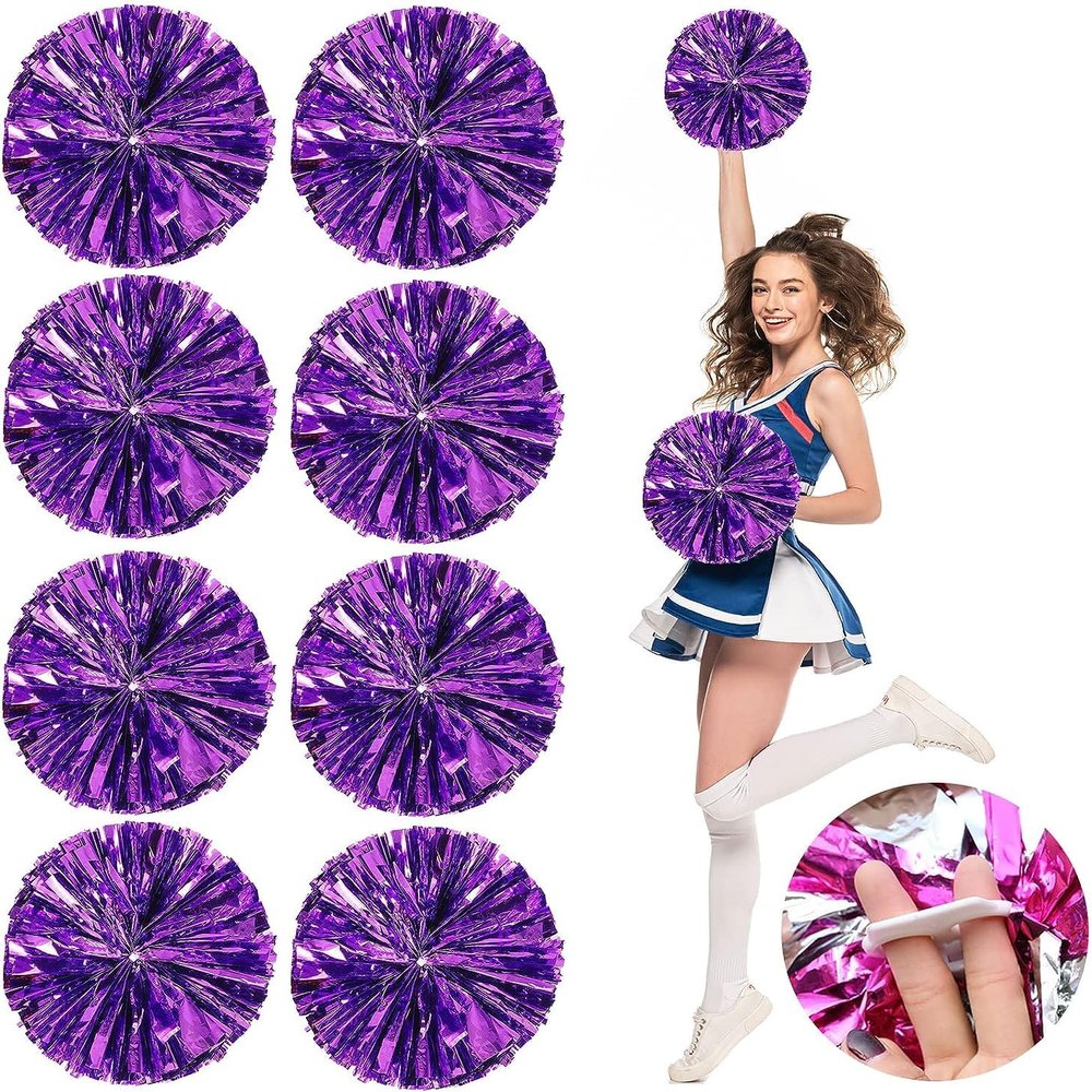 LIQS 12 Pack Pom Poms Cheerleading,Fluffy Cheerleader Pompoms with Finger Ring Handle,Metallic Pom Poms Cheerleading for Children Adults Sports Competition Holiday Celebration (8 Pack, Purple)
