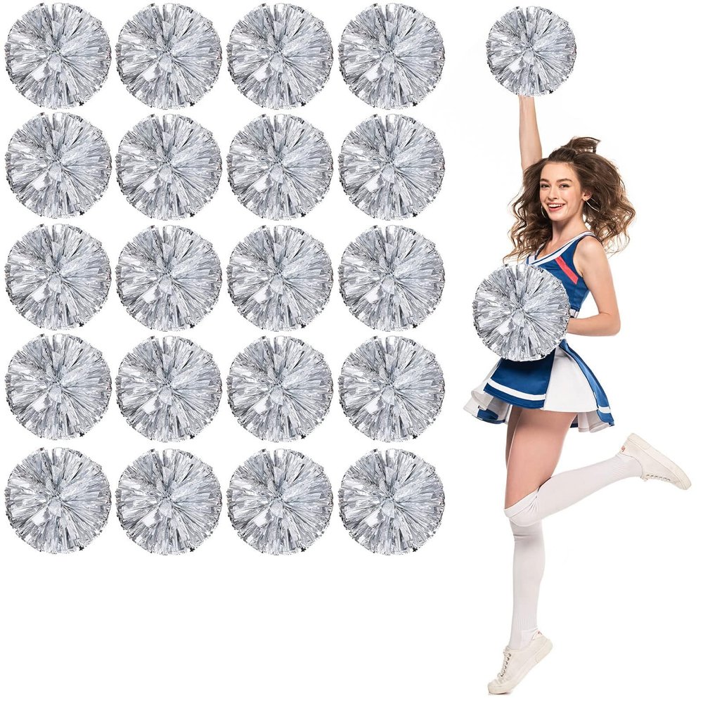 LIQS 12 Pack Pom Poms Cheerleading,Fluffy Cheerleader Pompoms with Finger Ring Handle,Metallic Pom Poms Cheerleading for Children Adults Sports Competition Holiday Celebration (20 Pack, Silver)