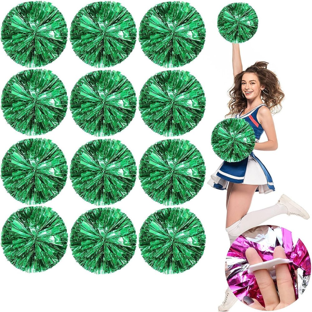 LIQS 12 Pack Pom Poms Cheerleading,Fluffy Cheerleader Pompoms with Finger Ring Handle,Metallic Pom Poms Cheerleading for Children Adults Sports Competition Holiday Celebration (12 Pack, Green)