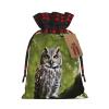 SSIMOO Owl Tree Branches Chic Drawstring Christmas Gift Bags,Patchwork Burlap Pull-String Bags,Reusable view 1