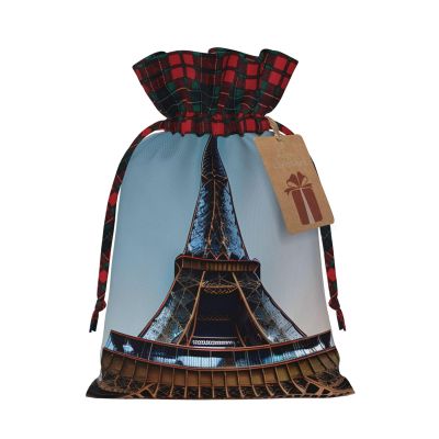 SSIMOO Paris Eiffel Tower Chic Drawstring Christmas Gift Bags,Patchwork Burlap Pull-String Bags,Reusable