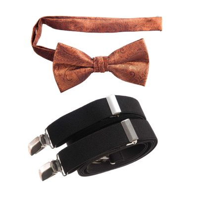 Tuxgear Boys Bow Tie and Adjustable Stretch Suspender Sets, (Burnt Orange Paisley with Black, 40" Youth)