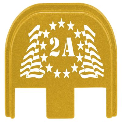 NDZ Performance Gen 5 Slide Cover Back Plate for Glock 17 19 19X 22 23 26 27 34 45 9MM .40 S&W Laser Engraved Patriotic Images in Gold Aluminum - 2nd Amendment 13 Stars Flag
