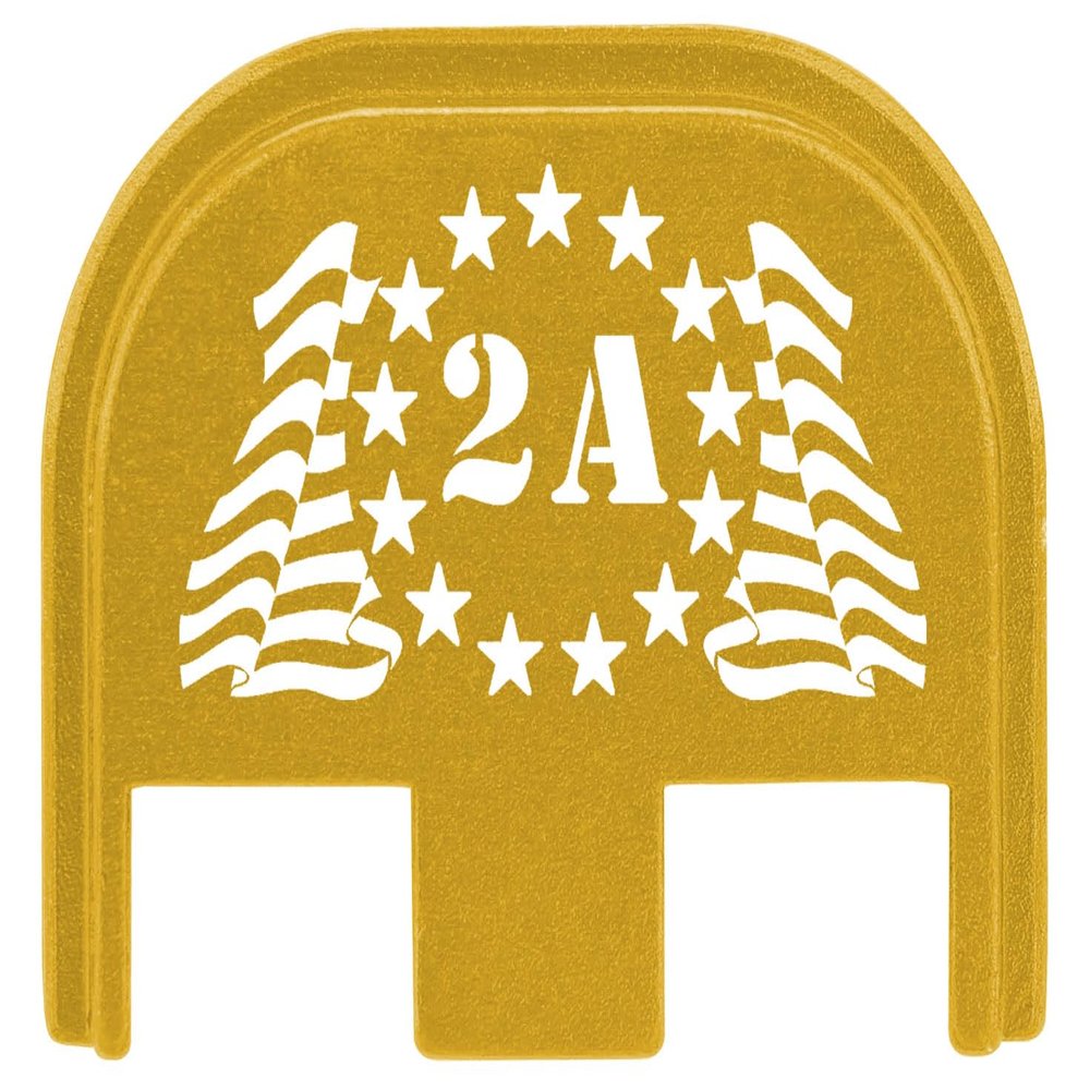 NDZ Performance Gen 5 Slide Cover Back Plate for Glock 17 19 19X 22 23 26 27 34 45 9MM .40 S&W Laser Engraved Patriotic Images in Gold Aluminum - 2nd Amendment 13 Stars Flag