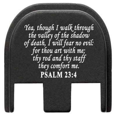 NDZ Performance Gen 5 Slide Cover Back Plate for Glock 17 19 19X 22 23 26 27 34 45 9mm .40 S&W Laser Engraved Spiritual Images in Black Aluminum - Bible Psalm 23:4