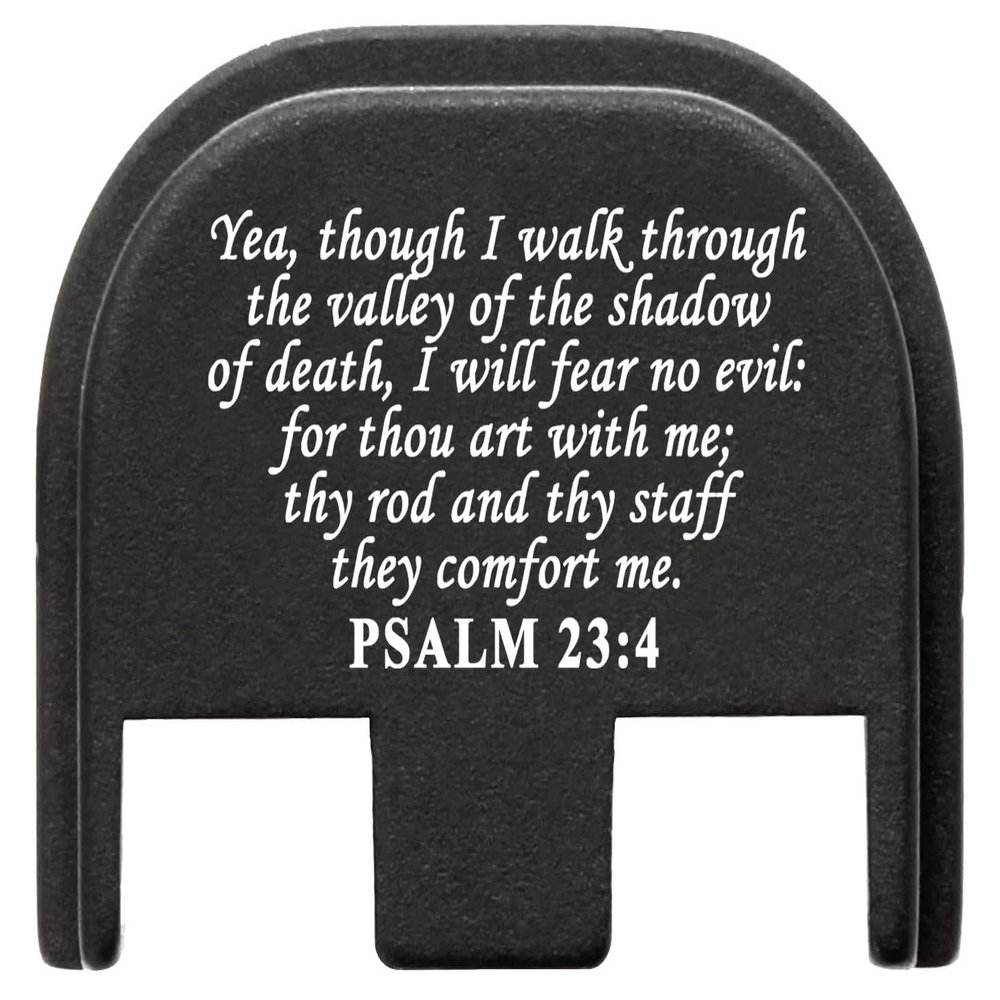 NDZ Performance Gen 5 Slide Cover Back Plate for Glock 17 19 19X 22 23 26 27 34 45 9mm .40 S&W Laser Engraved Spiritual Images in Black Aluminum - Bible Psalm 23:4