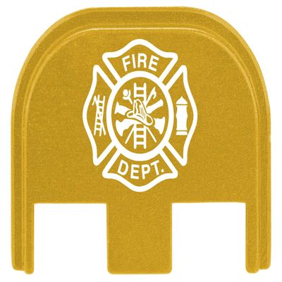 NDZ Performance Gen 5 Slide Cover Back Plate for Glock 17 19 19X 22 23 26 27 34 45 9MM .40 S&W Laser Engraved Patriotic Images in Gold Aluminum - Fire Department Emblem
