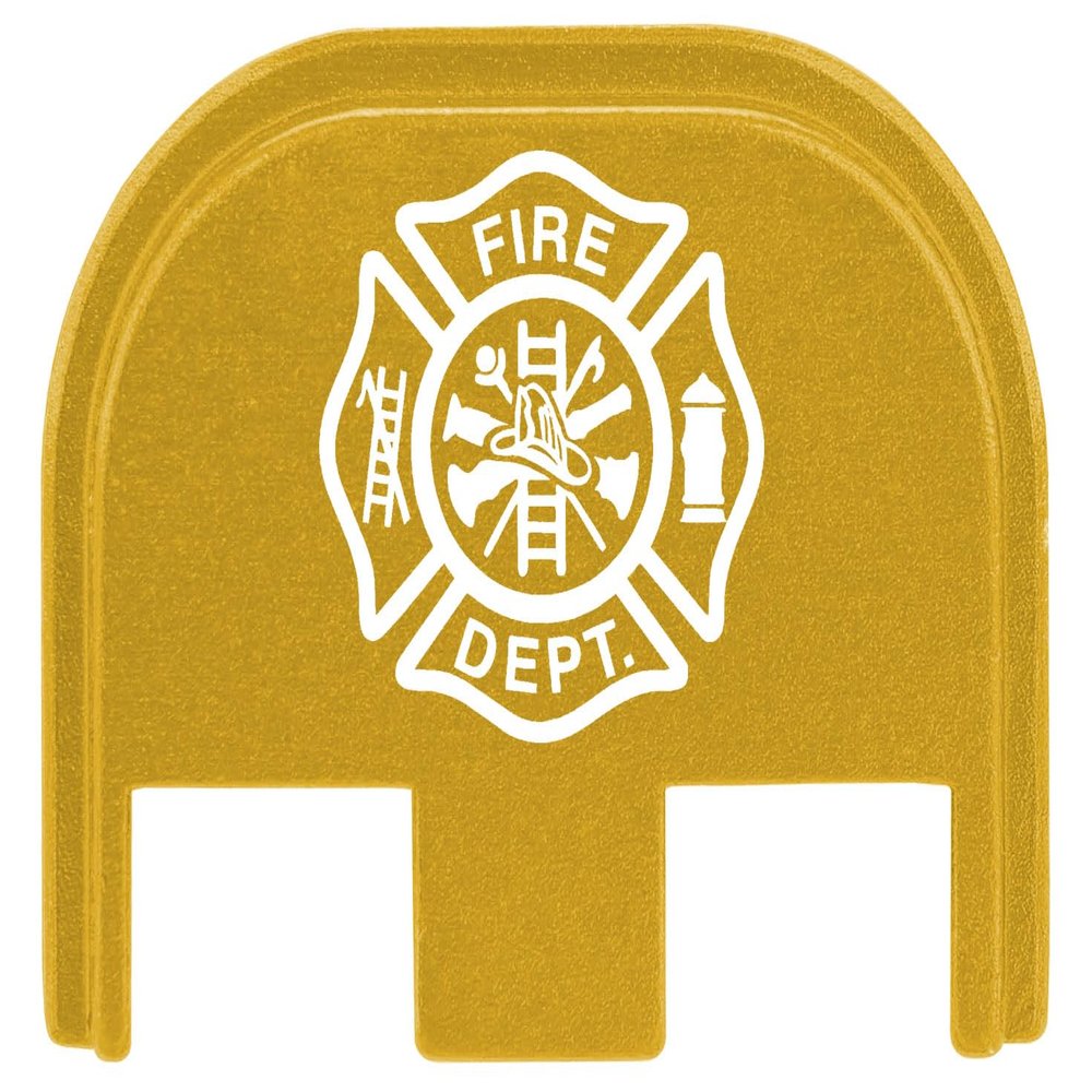 NDZ Performance Gen 5 Slide Cover Back Plate for Glock 17 19 19X 22 23 26 27 34 45 9MM .40 S&W Laser Engraved Patriotic Images in Gold Aluminum - Fire Department Emblem