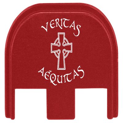 NDZ Performance Gen 5 Slide Cover Back Plate for Glock 17 19 19X 22 23 26 27 34 45 9mm .40 S&W Laser Engraved Spiritual Images in Red Aluminum - Veritas Aequitas Saints