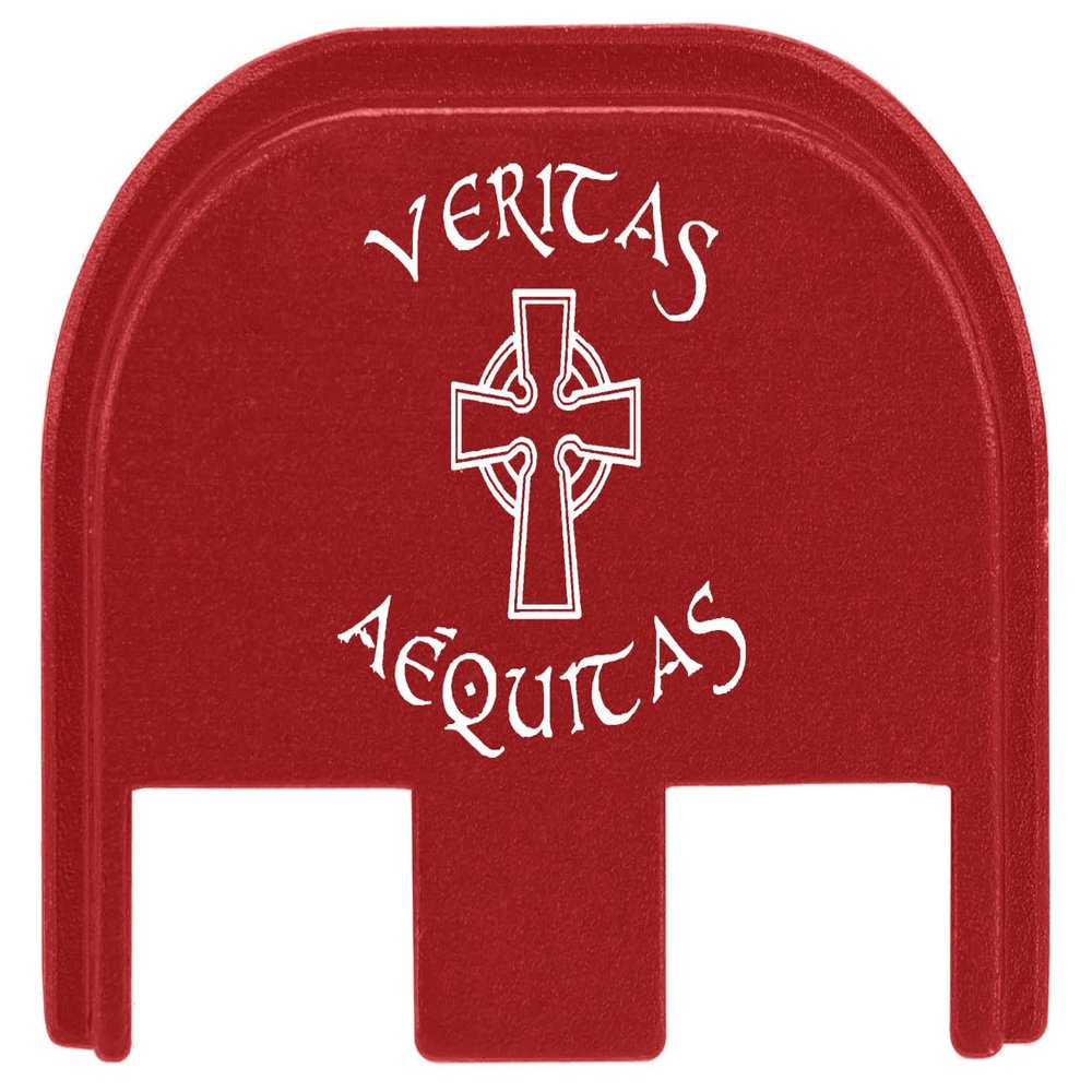NDZ Performance Gen 5 Slide Cover Back Plate for Glock 17 19 19X 22 23 26 27 34 45 9mm .40 S&W Laser Engraved Spiritual Images in Red Aluminum - Veritas Aequitas Saints