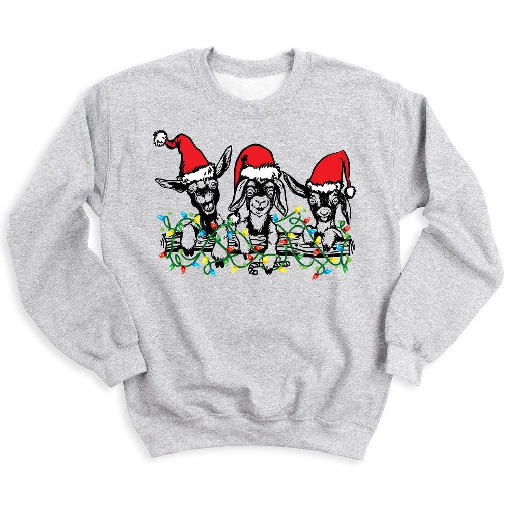 Christmas Goat Graphic Print Sweatshirt Hoodie, Christmas Themed Sweatshirt, Goat Lover Sweatshirt, Adult Handmade Unisex Long Sleeve Top with Animal Print