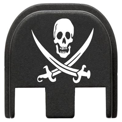 NDZ Performance Gen 5 Slide Cover Back Plate for Glock 17 19 19X 22 23 26 27 34 45 9mm .40 S&W Laser Engraved Skull Images in Black Aluminum - Skull Jolly Roger 2