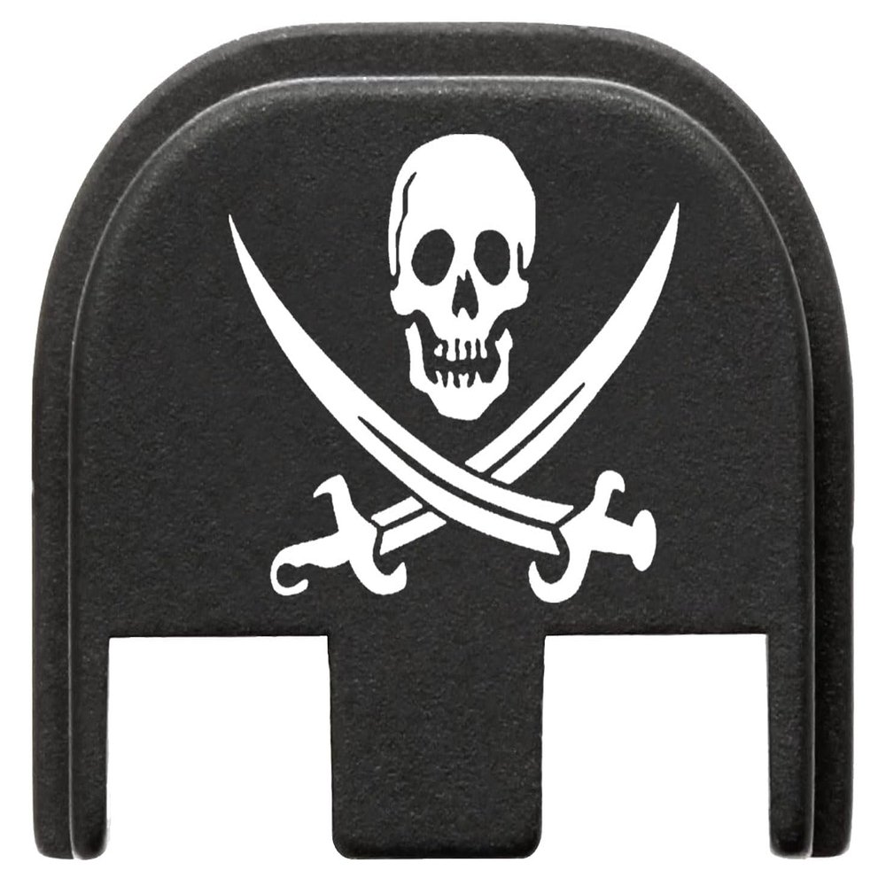 NDZ Performance Gen 5 Slide Cover Back Plate for Glock 17 19 19X 22 23 26 27 34 45 9mm .40 S&W Laser Engraved Skull Images in Black Aluminum - Skull Jolly Roger 2