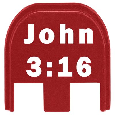 NDZ Performance Gen 5 Slide Cover Back Plate for Glock 17 19 19X 22 23 26 27 34 45 9mm .40 S&W Laser Engraved Spiritual Images in Red Aluminum - John 3:16