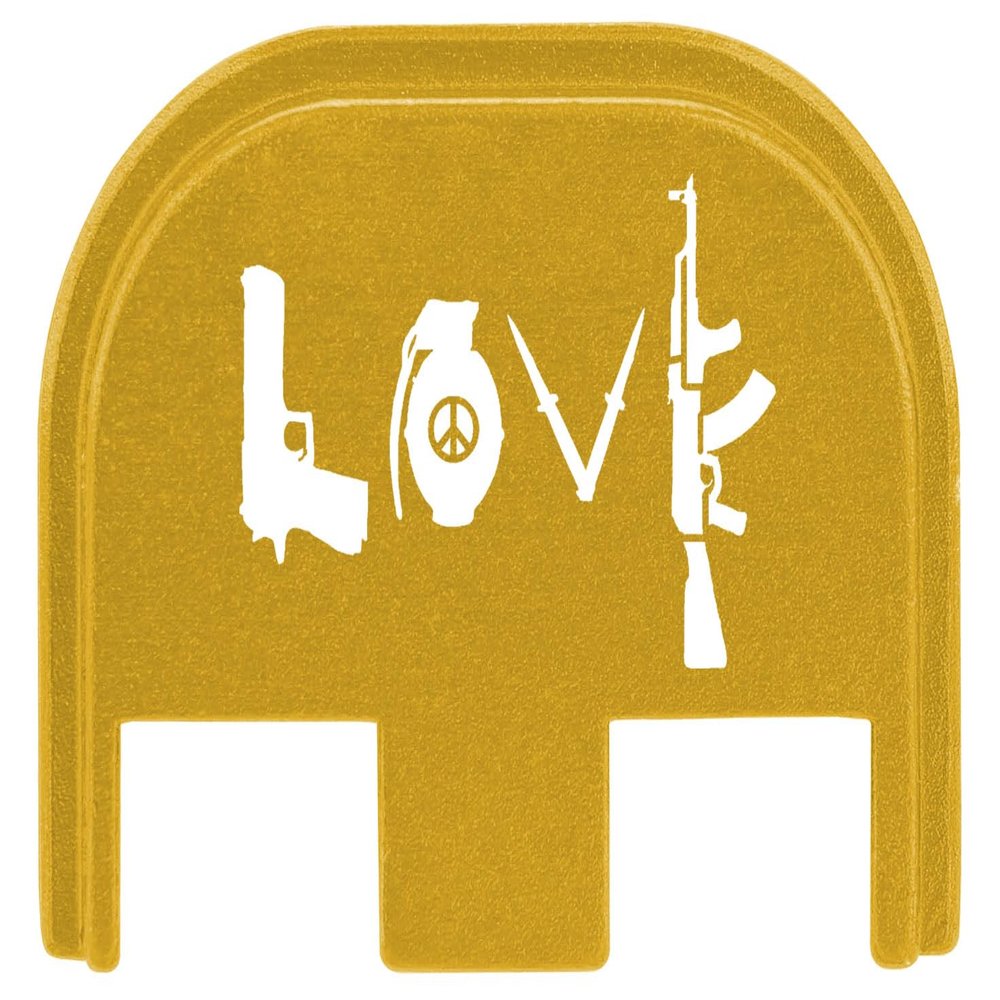 NDZ Performance Gen 5 Slide Cover Back Plate for Glock 17 19 19X 22 23 26 27 34 45 9mm .40 S&W Laser Engraved Popular Images in Gold Aluminum - Love Guns