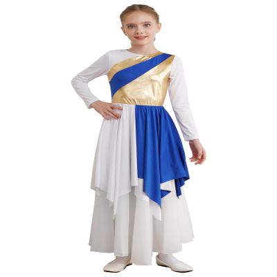 Aislor Kids Girls Metallic Long Sleeve Praise Dance Dress Worship Church Robe Liturgical Lyrical Costume Dancewear Blue 10 Years