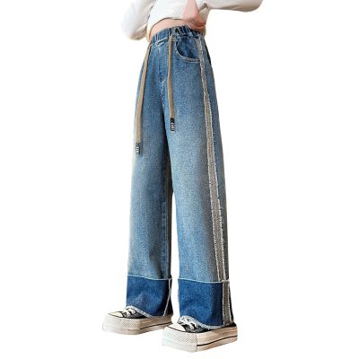 Baby Girl Pants Tollder Girl Fashion High Elastic Waist Flare Slimming Leg Pants Casual Long Wide Leg (Blue, 4-5 Years)