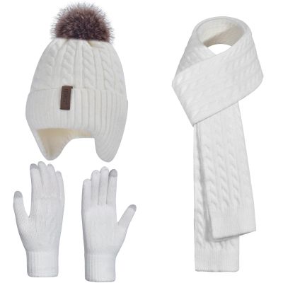 Winter Hat Gloves Scarf Set for Kids Earflap Beanie with Cute Pom Knit Boys Girls Children Baby Toddler White Warm Wool Fleece Lining 6 7 8 9 10 Years Old