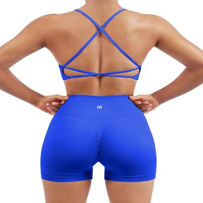SUUKSESS Women Seamless 2 piece Workout Sets Strappy Padded Sports Bra Booty High Waisted Shorts Outfits (Royal Blue,L)