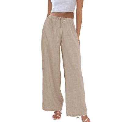 Duyang Womens Cotton Linen Palazzo Pants Drawstring Elastic Waist Casual Wide Leg Trousers with Pockets(Khaki,XL)