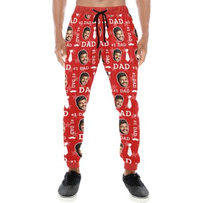 Custom #1 Dad Sweatpants Jogging Pants with Photo Face, Personalized Men's Workout Joggers Pants, Gifts for Father Dad