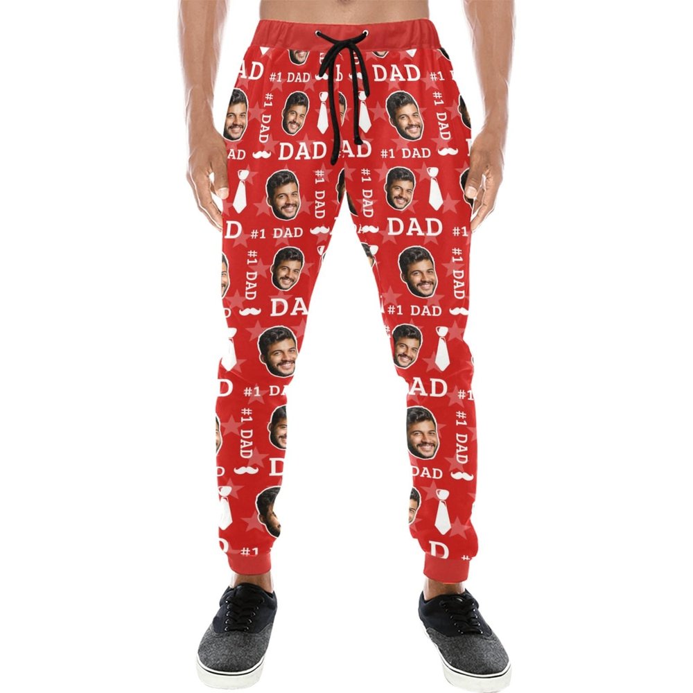 Custom #1 Dad Sweatpants Jogging Pants with Photo Face, Personalized Men's Workout Joggers Pants, Gifts for Father Dad