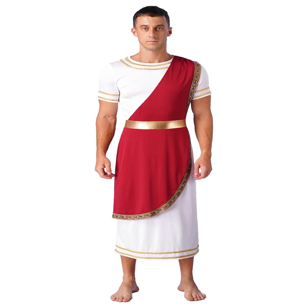 Hansber Men's Ancient Greek Costume Short Sleeve Roman Toga Costume Robe Halloween Cosplay Fancy Dress Up Burgundy X-Large