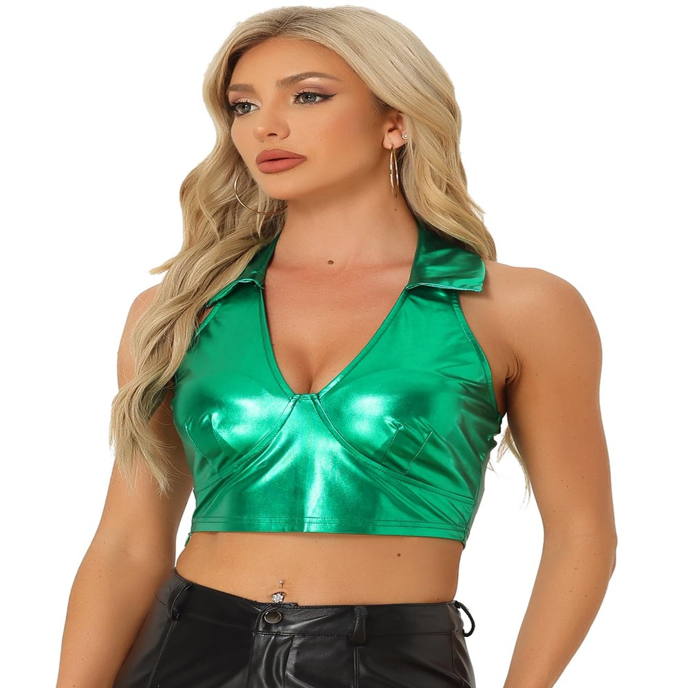 Allegra K Metallic Tops for Women 2026 Halter V Neck Sleeveless Shiny Holographic Crop Top Clubwear Party Outfits X-Large Green