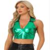 Allegra K Metallic Tops for Women 2026 Halter V Neck Sleeveless Shiny Holographic Crop Top Clubwear Party Outfits X-Large Green view 1