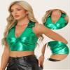 Allegra K Metallic Tops for Women 2026 Halter V Neck Sleeveless Shiny Holographic Crop Top Clubwear Party Outfits X-Large Green view 2