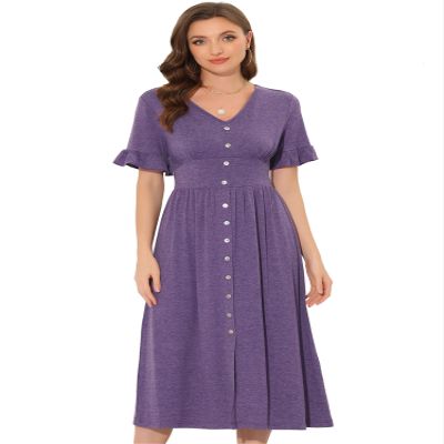 Allegra K Summer V Neck Dress for Women's Casual Button Flutter Sleeve Smocked Waist Midi Dresses Medium Purple