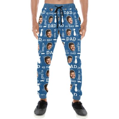 Custom #1 Dad Sweatpants Jogging Pants with Photo Face, Personalized Men's Workout Joggers Pants, Gifts for Father Dad
