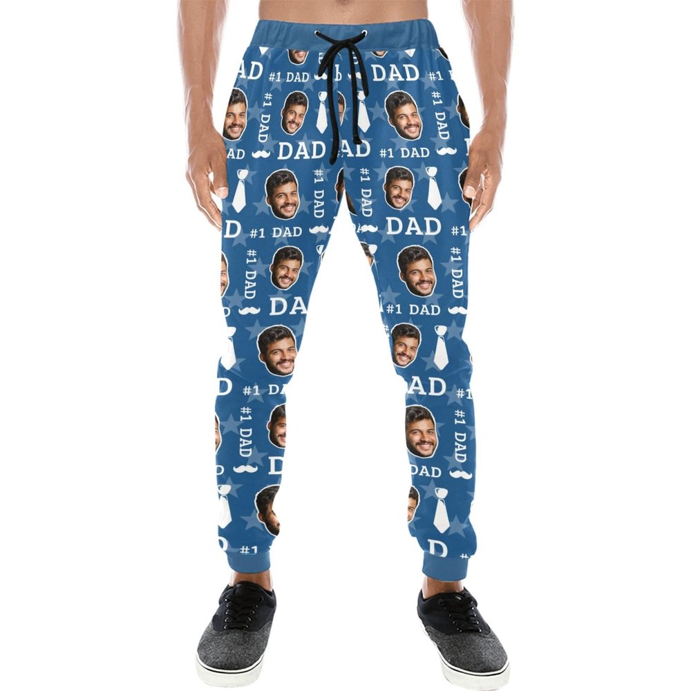 Custom #1 Dad Sweatpants Jogging Pants with Photo Face, Personalized Men's Workout Joggers Pants, Gifts for Father Dad