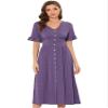 Allegra K Summer V Neck Dress for Women's Casual Button Flutter Sleeve Smocked Waist Midi Dresses X-Small Purple view 1