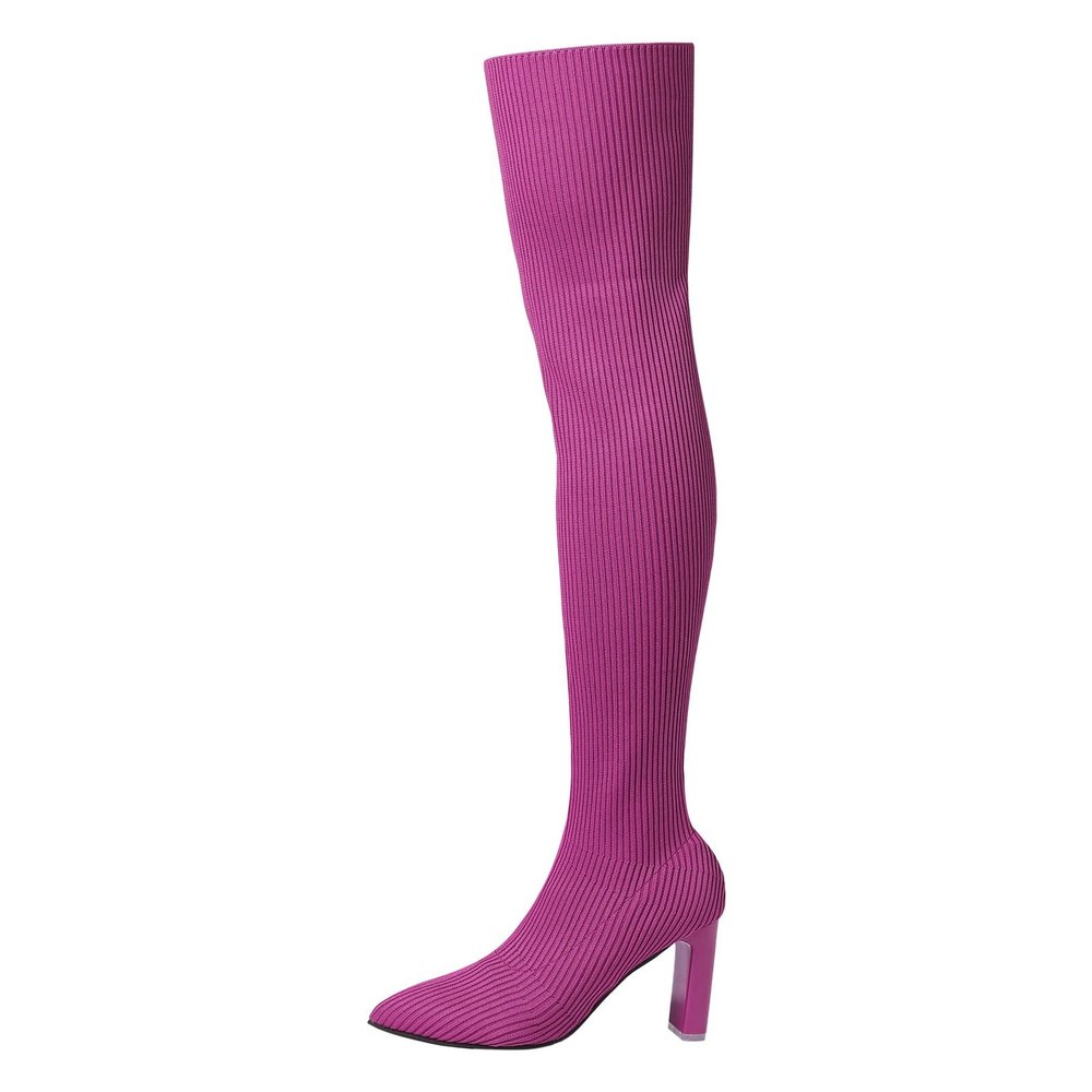 Women's Thigh High Boots Over-the-Knee Boots Stretchy Knit Round Toe Knee High Boots Black Stretch Suede Chunky Heel Platform Over The Knee Thigh High Boots Fashion Long Fall Boots (D-Purple, 9)