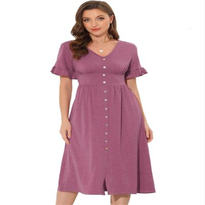 Allegra K Summer V Neck Dress for Women's Casual Button Flutter Sleeve Smocked Waist Midi Dresses X-Small Fuchsia