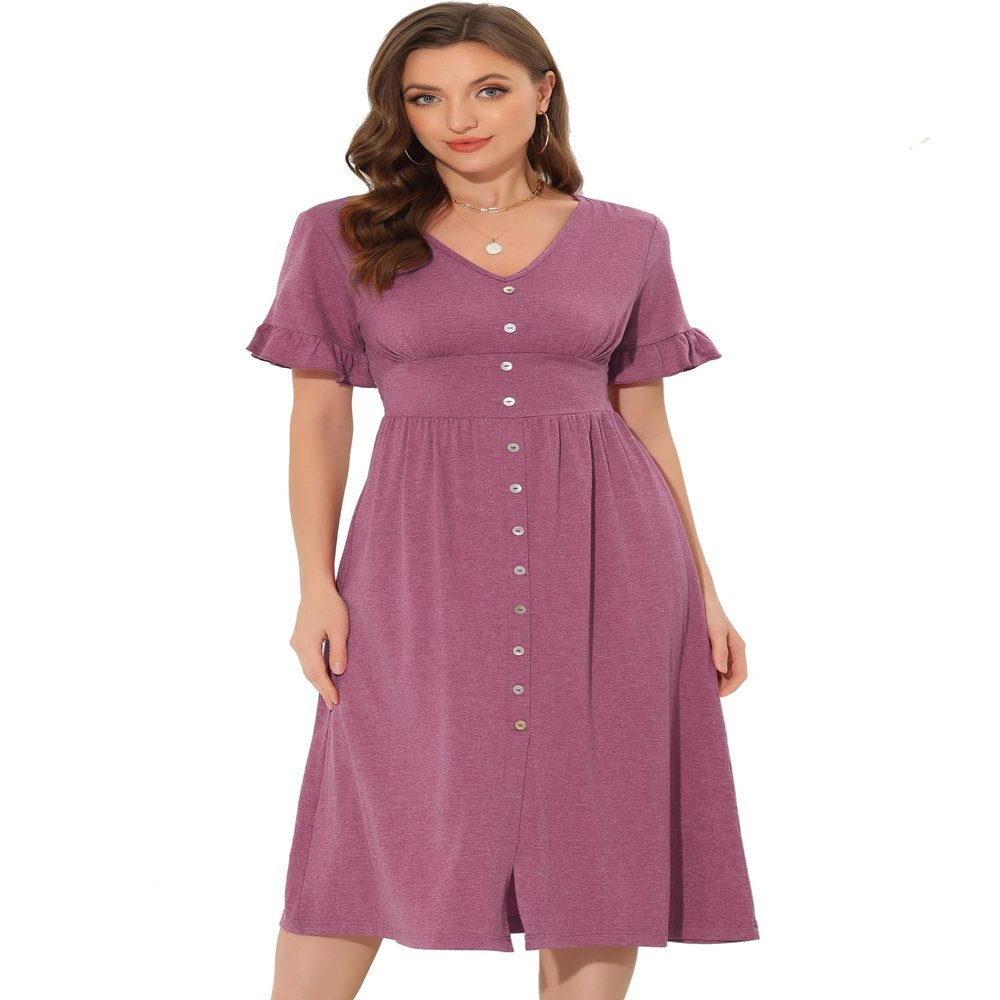 Allegra K Summer V Neck Dress for Women's Casual Button Flutter Sleeve Smocked Waist Midi Dresses X-Small Fuchsia