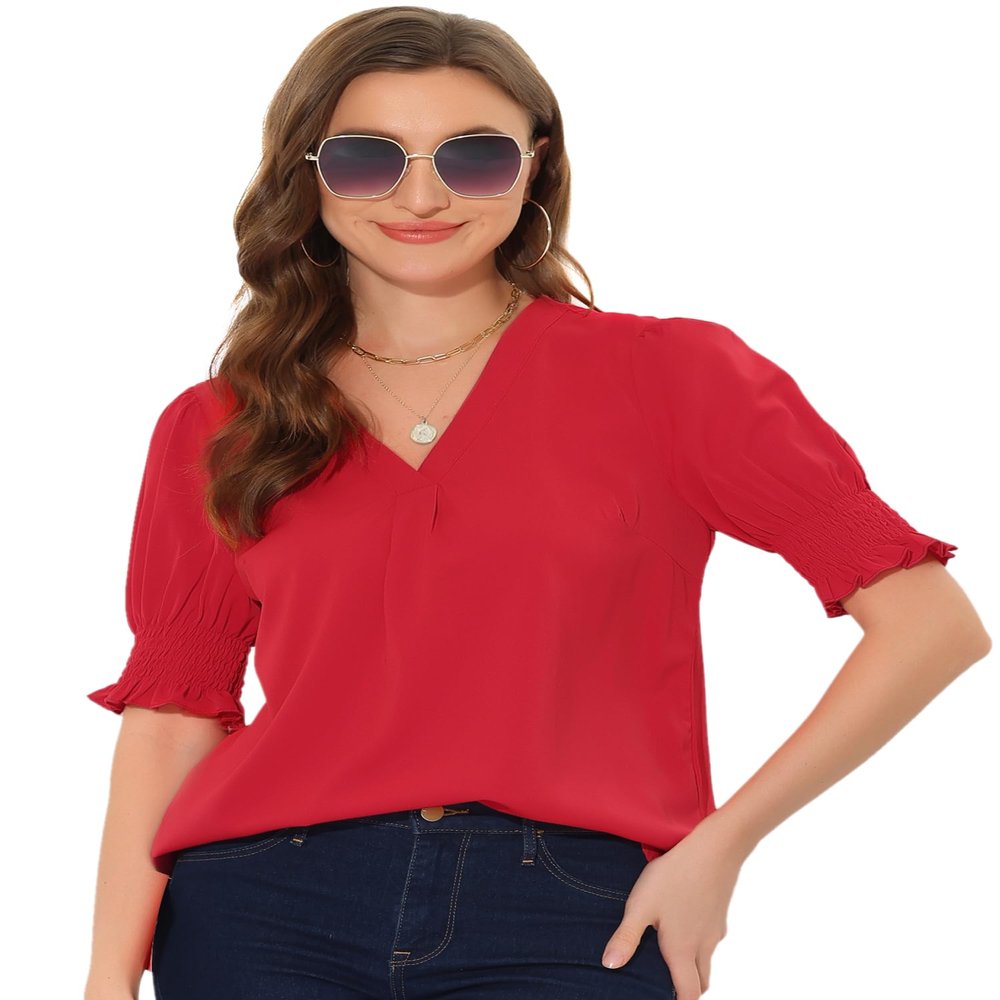 Allegra K Puff Short Sleeve Blouse for Women's Retro V Neck Blouse X-Large Red
