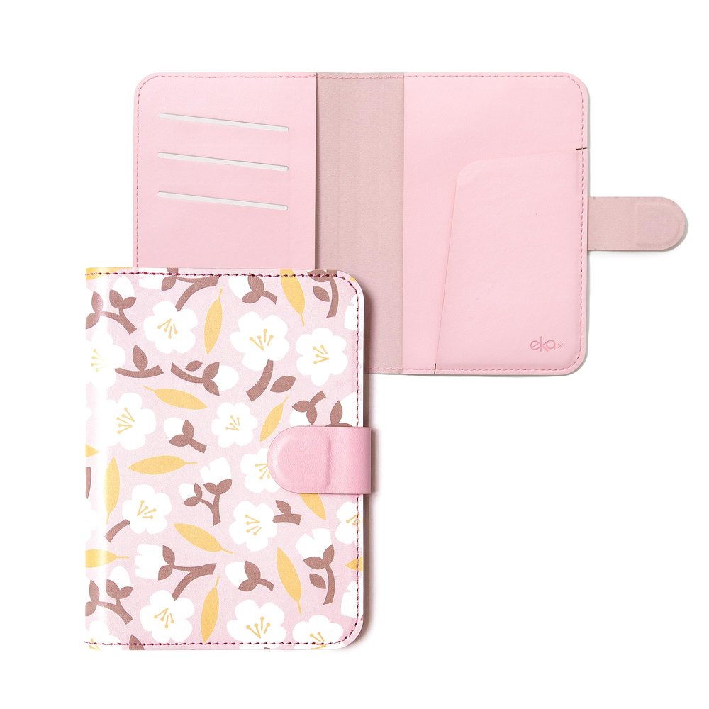 EKAX Leatherette Passport Holder with Floral Patterns, Premium PU Leather, Snap Button Closure, Travel Wallet Cover for Passport, Boarding Pass, and Cards (Kapok pink)