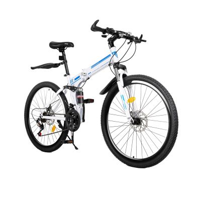 awolsrgiop 26 Inch Folding Mountain Bike, 21-Speed Men Women Bikes Suspension High-Carbon Steel MTB Bicycle Dual Disc Brake Non-Slip Folding Bikes for Adults Men Women, Blue and White