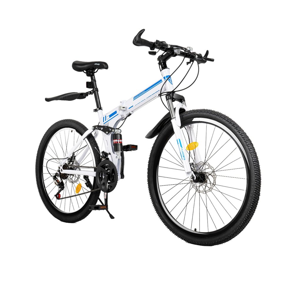 awolsrgiop 26 Inch Folding Mountain Bike, 21-Speed Men Women Bikes Suspension High-Carbon Steel MTB Bicycle Dual Disc Brake Non-Slip Folding Bikes for Adults Men Women, Blue and White