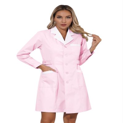LiiYii Women's Lab Coat Halloween Costumes Doctor Uniforms Lightweight Professional Medical Coat Pink Peaked Lapel Medium